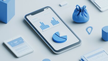 Poster - A smartphone displaying graphs and charts, surrounded by blue geometric objects.