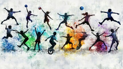 Poster - Dynamic silhouettes of children engaging in various sports and activities, showcasing movement and energy.