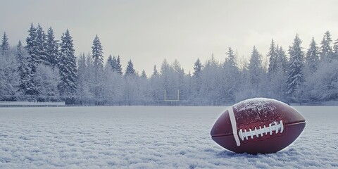 Aufkleber - A football resting on a snowy field surrounded by trees, evoking winter sports.
