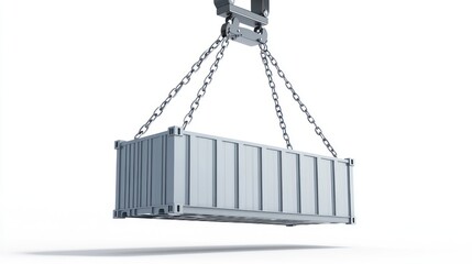 Poster - A crane lifting a shipping container with chains, illustrating industrial logistics.