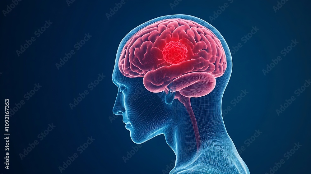 Glowing Red Illuminated Digital 3D Rendering of the Human Brain Anatomy ...