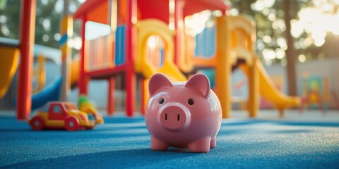 Aufkleber - A pink piggy bank in a colorful playground setting, symbolizing savings and childhood play.