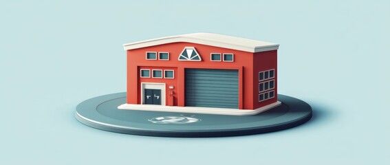Poster - A stylized red industrial building with a large garage door on a circular base.
