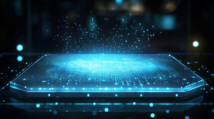 Poster - A 3D picture shows a digital hologram using blockchain technology.