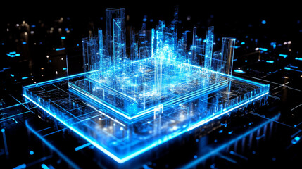 Poster - A 3D picture shows a digital hologram using blockchain technology.