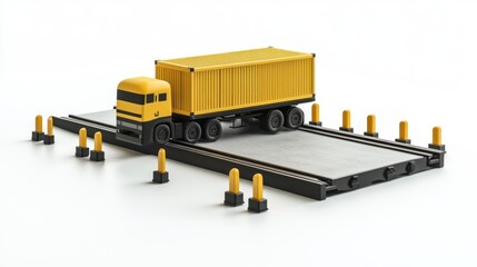 Poster - A yellow truck with a container parked on a loading platform surrounded by safety bollards.