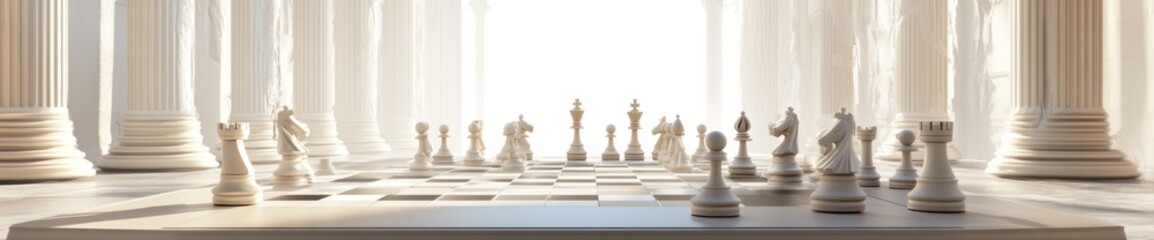 Poster - A serene chessboard scene set among ancient columns, symbolizing strategy and contemplation.