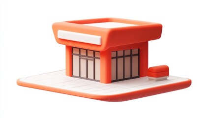Poster - A stylized miniature building with a bright orange roof and large windows.