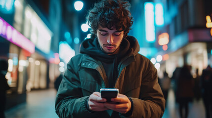 Poster - A guy uses blockchain on his phone.  It shows how blockchain tech might look in the future.