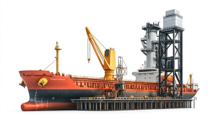 Poster - A large industrial ship designed for transporting materials and equipped with loading equipment.