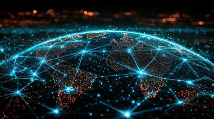 Poster - Global Network Connection Futuristic Earth Map Digital World Communications Technology Internet