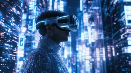 Poster - a 3d man wearing vr glasses stands in abstract cityscape with silver and white neon lights for futur