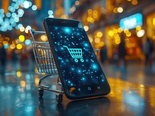 Poster - Innovative shopping experience smartphone integration in retail environments with shopping cart icon