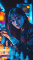 Aufkleber - A young woman in glasses conducts an experiment with colorful liquids in a laboratory setting.