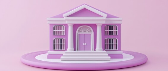 Poster - A stylized pink house with columns and a front door, set against a pink background.