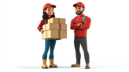 Poster - Two animated delivery workers, one holding boxes, ready for logistics tasks.