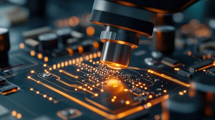Poster - A microscope lens focuses on a circuit board with illuminated connections