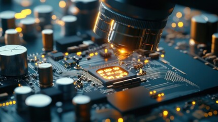 Poster - A microscope lens focuses on a circuit board with illuminated connections