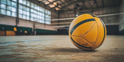 Aufkleber - A close-up of a yellow volleyball resting on a sandy court in an indoor sports facility.