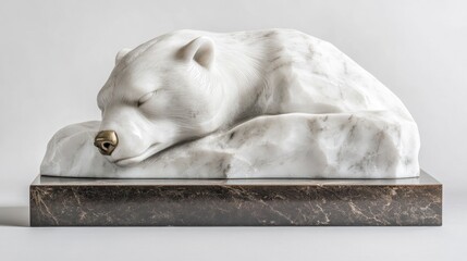 Poster - A serene marble sculpture of a sleeping bear resting on a dark base.