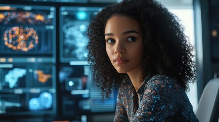 Wall Mural - A young woman with curly hair sits in an office, focused on an interactive display of AI technology