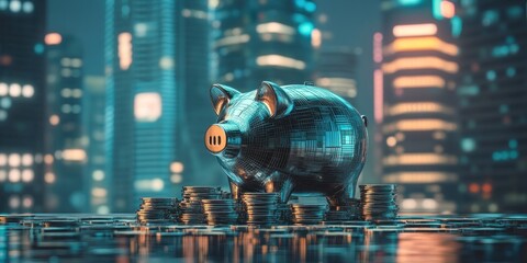 Poster - A futuristic piggy bank surrounded by coins in a cityscape, symbolizing savings and finance.