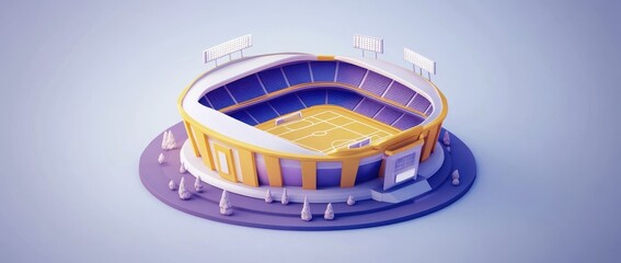 Aufkleber - A stylized 3D illustration of a sports stadium with a football field.