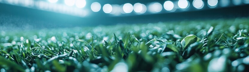 Poster - Close-up view of lush green grass on a sports field, illuminated by ambient lights.