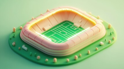 Poster - A stylized, miniature stadium model with a vibrant green field and glowing edges.