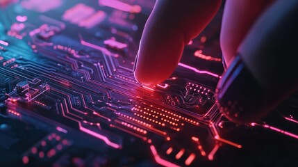 Poster - Artificial intelligence AI circuit board in shape electronic PCB circuit icon symbol on businessman hand finger touching with cyberpunk neon cyberspace lighting. Innovative technology Machine learnin
