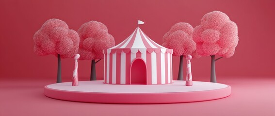 Poster - A whimsical circus scene with a striped tent and stylized trees in a pink environment.