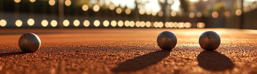 Poster - Three metallic balls on a sandy surface, with a blurred background of lights.