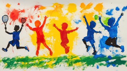 Aufkleber - A vibrant painting of children playing sports, celebrating joy and activity.