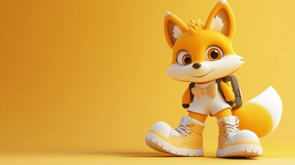 Aufkleber - A cheerful cartoon fox character with a backpack and sneakers against a yellow background.
