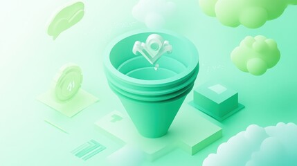 Poster - A stylized funnel surrounded by clouds and icons, representing data flow or marketing concepts.