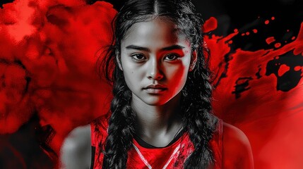 Aufkleber - A young athlete with braids, wearing a red jersey, surrounded by a dramatic red background.