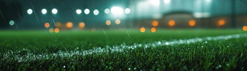 Poster - A rainy night scene on a soccer field with blurred lights in the background.