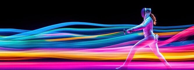 Aufkleber - A fencer in motion against a vibrant, colorful background.