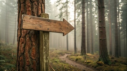Wall Mural - wooden signpost with an old wooden arrow in front of a tree trunk in a dense forest, forest, wooden 