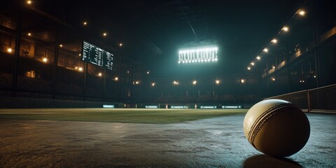 Poster - A cricket ball rests on the ground in a dimly lit sports arena with scoreboard above.