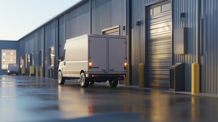 Poster - A delivery truck parked in an industrial area with loading bays.