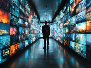 Poster - Dynamic multimedia experience gallery hall image and video montage urban environment wide angle view innovative digital concept