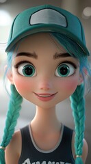 Aufkleber - A cheerful animated character with blue hair and braids, wearing a cap, smiling brightly.