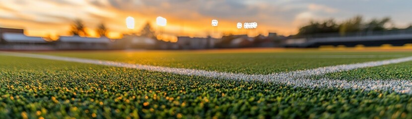 Poster - Close-up of artificial turf with a sunset backdrop at a sports field.