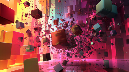 Poster - A 3D image shows connected blocks forming a cube, then breaking into smaller pieces against a digital backdrop.