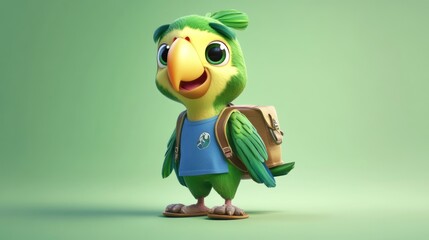 Aufkleber - A cheerful cartoon parrot character with a backpack, promoting environmental awareness.