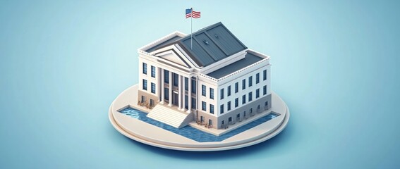 Poster - A stylized building with a flag, representing government or institutional architecture.