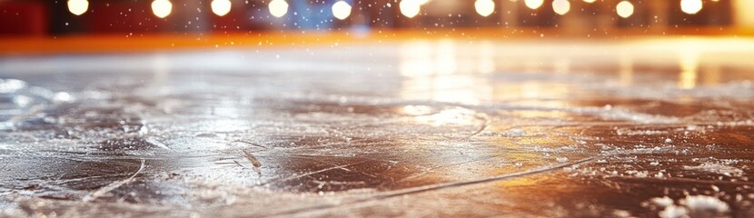 Poster - A close-up view of an ice rink surface illuminated by warm lights.