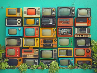 Poster - Capturing nostalgia vintage television screens in a colorful display home environment artistic composition