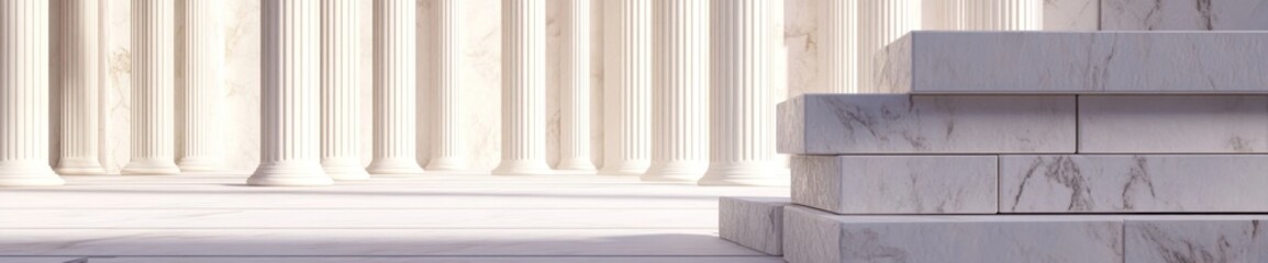 Poster - A serene architectural scene featuring classical columns and steps in soft lighting.